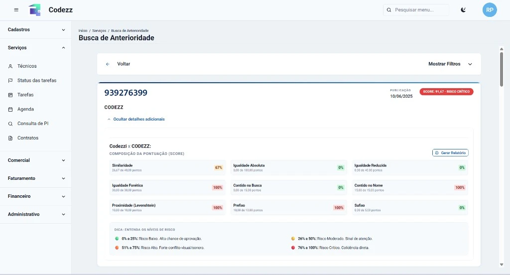 Tela de busca de anterioridade com composição do score