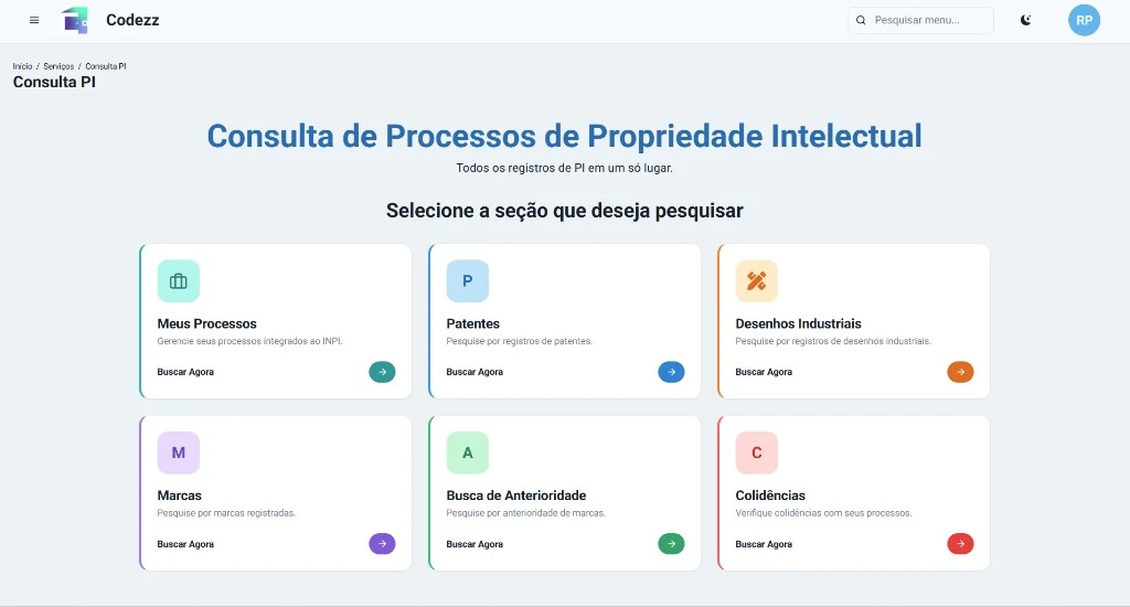 Tela de Consulta PI com seções de pesquisa no INPI